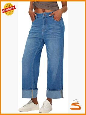 High Waisted Wide Leg Cropped Jeans - Stretchy Baggy Cuffed Denim